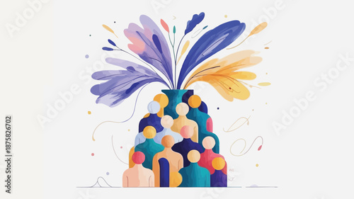 Vibrant diverse group of people forming a vase with colorful flowers