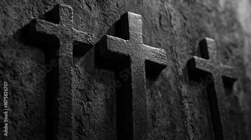 Majestic crosses set into the stone surface of a grave.