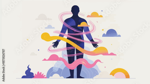 Person surrounded by swirling colorful clouds and abstract shapes