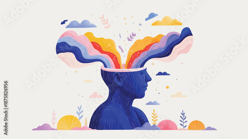 Vibrant illustration of a person's head with colorful thoughts and feelings emerging