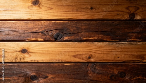 A top-down, close-up shot of a rustic wooden surface. The surface is composed of horizontal planks of wood, varying slightly in color from a light golden brown to a darker, richer brown.