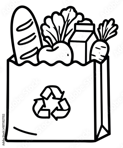 Hand drawn line art illustration of a grocery bag depicting various food items and a recycling symbol for eco-friendly shopping
