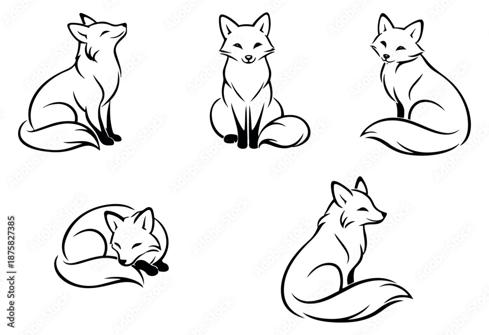 Obraz premium Hand drawn line art fox set featuring various sitting and sleeping poses for animal themed designs