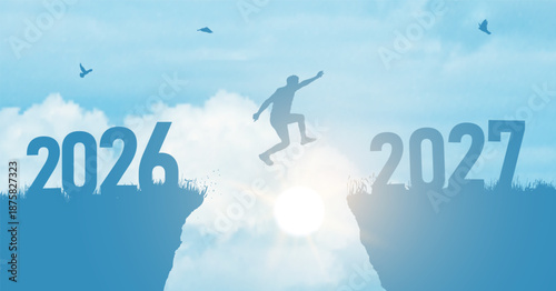 Young man jumping from 2026 to 2027 over a gap between hill silhouettes at sunset. Concept of transition and new beginnings. Colorful sky vector illustration. Welcome Happy New Year 2027 concept.