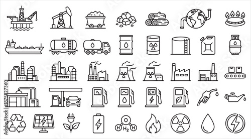Energy Industry Line Icon Set. Fossil Fuel, Nuclear, and Renewable Green Energy Sources