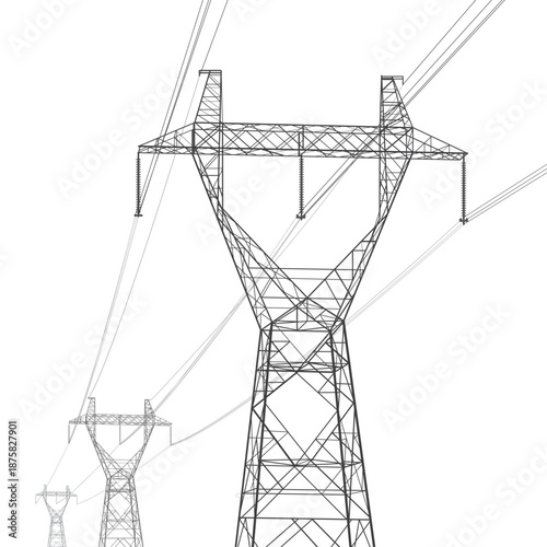 High voltage transmission systems. Electric pole. Power lines. Energy pylons. Black outlines image on white background. A network of interconnected electrical. Vector design illustration