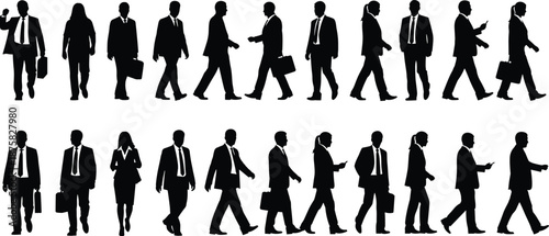 Black silhouettes of business people walking and standing on white background