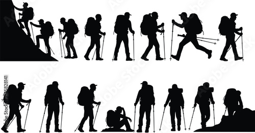 Black silhouettes of hikers with backpacks and trekking poles in various poses walking