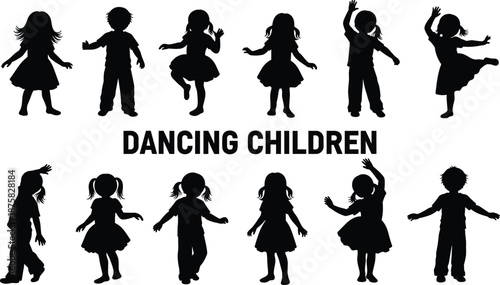 Black silhouettes of children dancing on white background dancing children kids