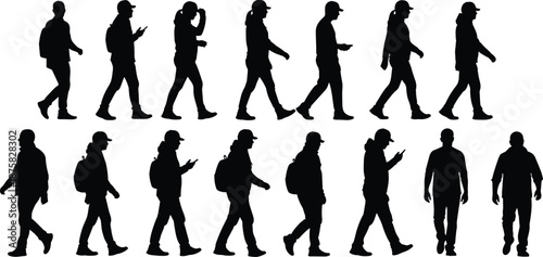 Black silhouettes of people walking and standing on white background