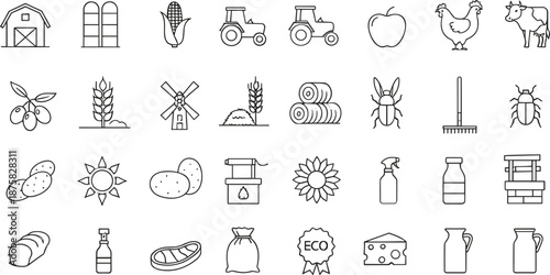 Black and white line of farm and agriculture symbols including barn silo corn tractor apple chicken cow plant wheat windmill hay rolls bug rake