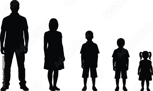 Black silhouettes of family members standing in a row people white background