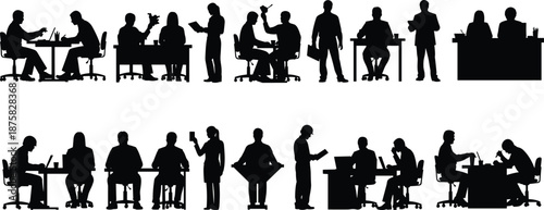 Black silhouettes of people working at desks and interacting in office setting workplace