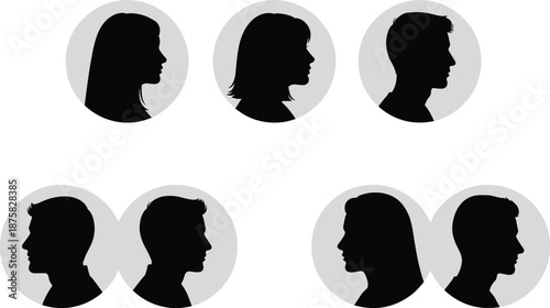 Black silhouettes of six people profiles in gray circles