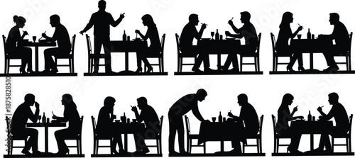 Black silhouettes of people eating at restaurant tables