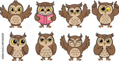 Brown owls with various expressions on white background cartoon yellow eyes