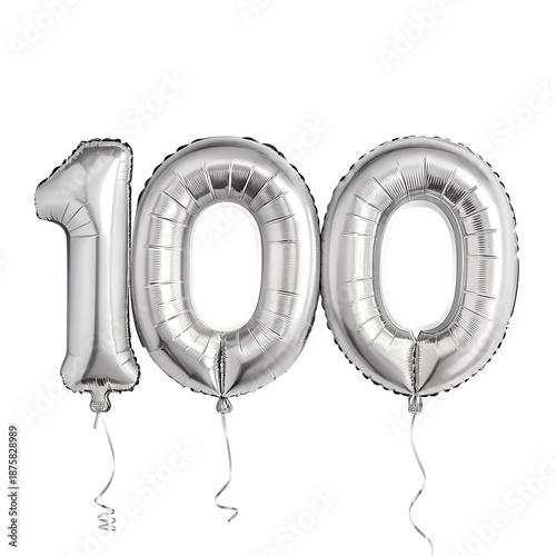 Silver Foil Balloon Number 100 Isolated on Transparent Background PNG