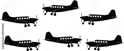 Black silhouettes of small airplanes with propellers on white background small planes