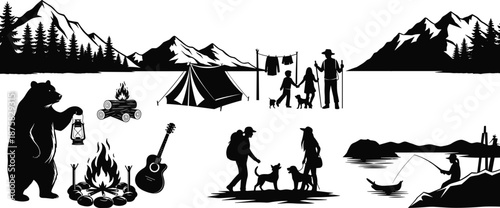 Black and white silhouette of people and animals camping in mountains with trees