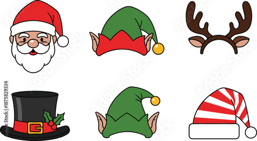 Cartoon christmas hats and characters santa reindeer