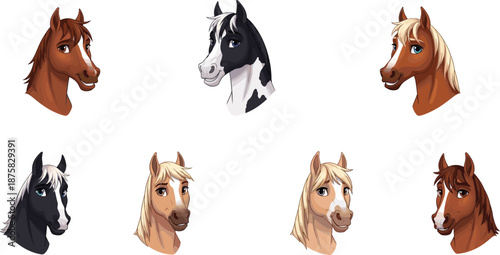 Cartoon horse heads in various colors equine animal