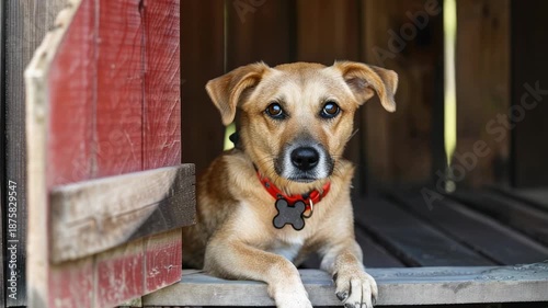 Brown dog with red collar in wooden doghouse