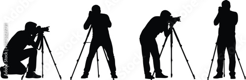 Four black silhouettes of photographers with tripods on white background