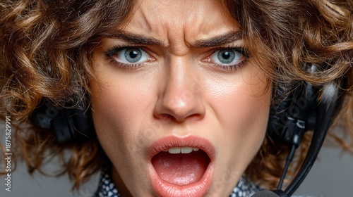 Frustrated telemarketing agent speaks loudly into headset during tense phone call