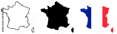 France map silhouette set with national flag