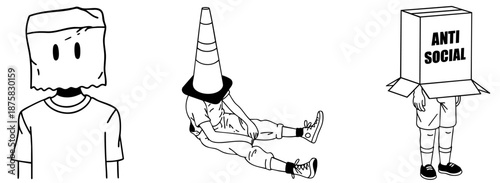 Socially isolated people with hidden faces wearing bags, cones and boxes, feeling like outsiders labeled as antisocial, social awkwardness, rejection and stigma, , not fitting in and being 