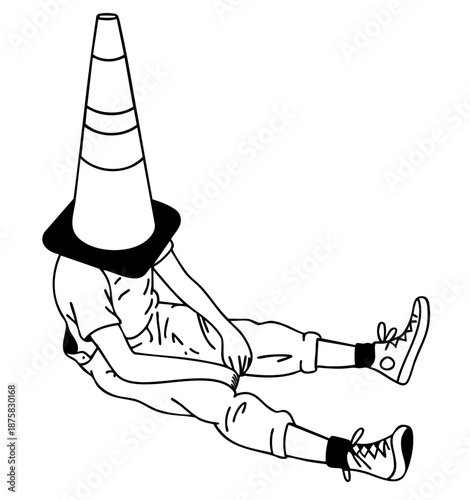 Teenager Sitting on the Ground with Traffic Cone on Head, Lost Identity, Emotional Confusion, Adolescence Crisis, Mental Health and Social