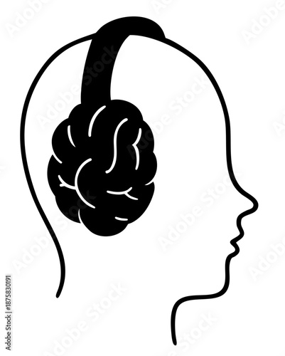 Human head silhouette with brain wearing headphones, mental isolation and disconnect from reality concept, media overload, escapism and emotional burnout