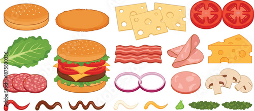 Burger ingredients including buns cheese lettuce tomato bacon hamburger