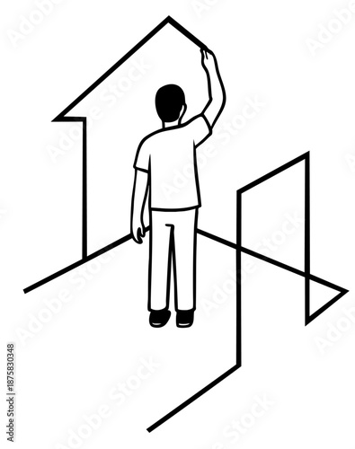 Person creating a safe space outline, human figure building personal shelter and home, protecting inner world, setting boundaries and finding a sense of security