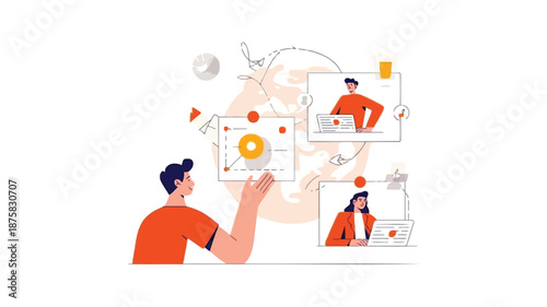 Remote team collaboration with people working on laptops globally