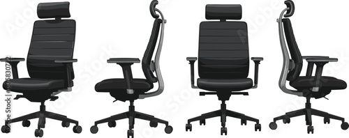 Four views of a black ergonomic office chair with headrest and wheels black office chair