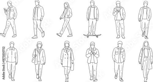 Line of people walking and using phones skateboard faceless