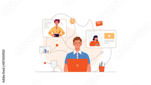 Businessman working remotely with laptop and online connections