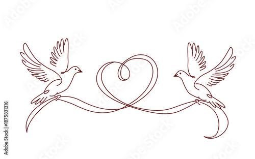 Two doves with a heart-shaped ribbon in a linear style. Vector illustration for Valentine's Day, a wedding, or an engagement.