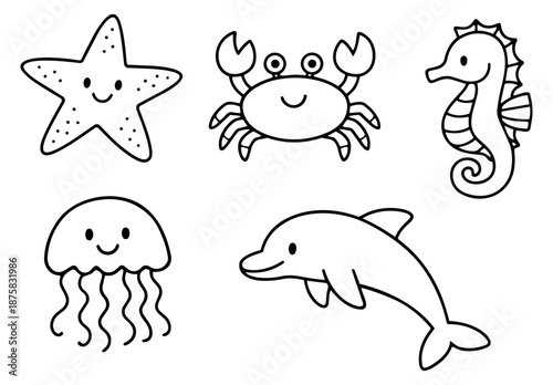 Cute hand drawn line art sea animals set featuring a starfish, crab, seahorse, jellyfish, and dolphin for children's learning and design