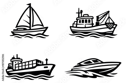 Stylized line art marine vehicles set featuring a sailboat, fishing boat, cargo ship, and speed boat for nautical designs