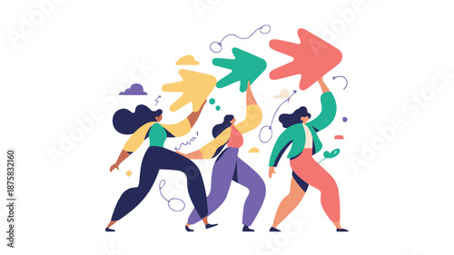 Diverse women in colorful outfits holding arrows in dynamic movement