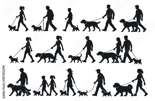 Silhouette vector set featuring people and dogs walking on leashes for pet ownership and daily life illustrations