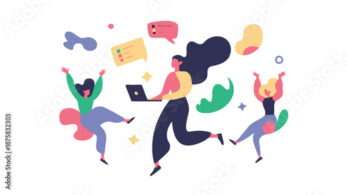 Diverse team celebrating business success with laptop in modern workspace