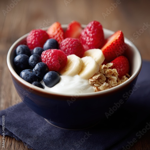 Healthy breakfast bowl with fruits and yogurt, balanced nutrition lifestyle