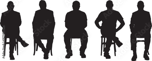 vector, silhouette of front view of a group  of man sitting on chair