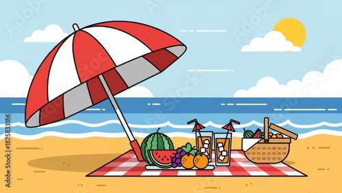 Enjoy a serene summer escape with a delightful picnic setup on a sun-kissed beach, complete with refreshing fruits, drinks