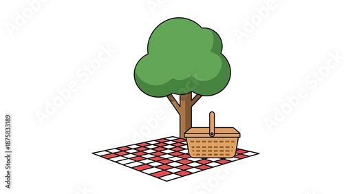 Idyllic outdoor picnic setting with a classic wicker basket and checkered blanket positioned under a vibrant green tree, evoking a sense of leisure and relaxation in nature's embrace