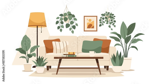Cozy and Stylish Living Room Interior Design with Abundant Houseplants for a Relaxing Home Atmosphere