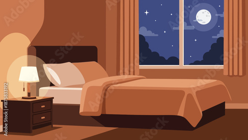 Nighttime bedroom scene with a cozy bed, warm glowing lamp, and tranquil moonlit window view, fostering peaceful rest
